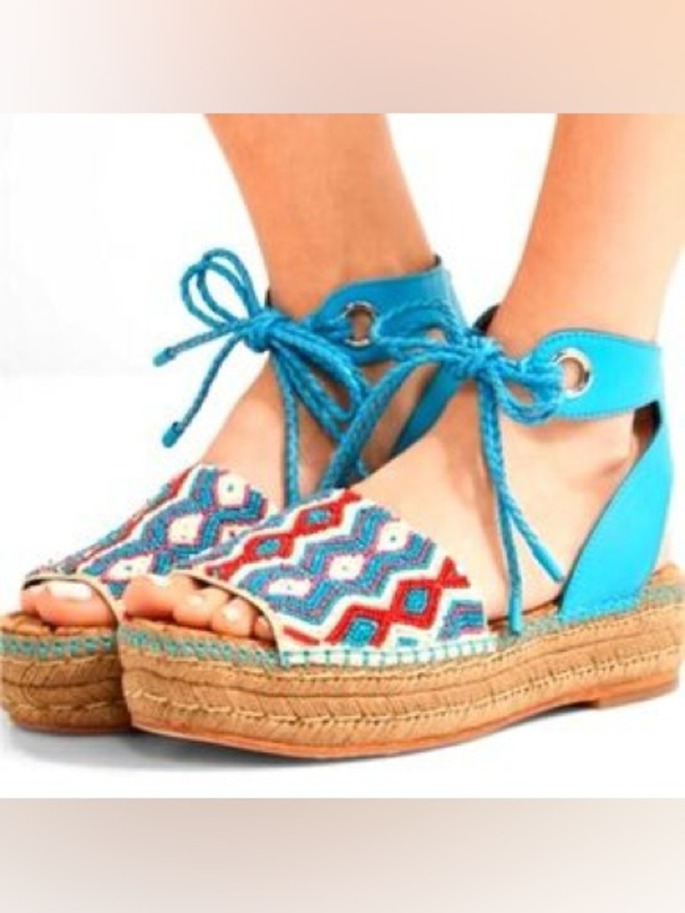Sam Edelman Beaded Turquoise Lace-Up Sandals Size 9.5 Boho 🩵✨